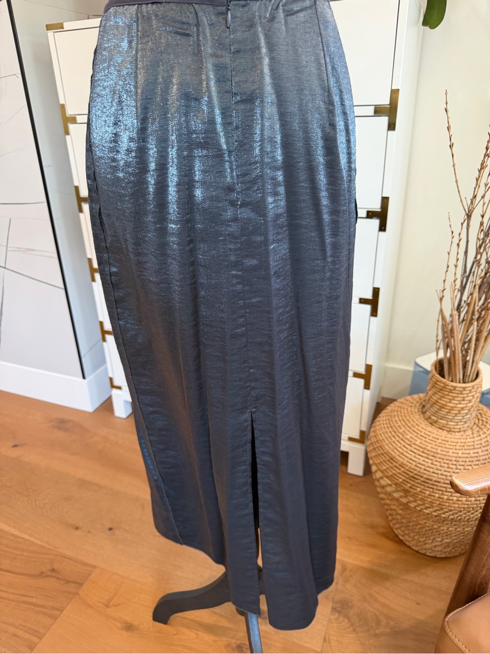 Zara Metallic Charcoal Midi Skirt with Front Slit